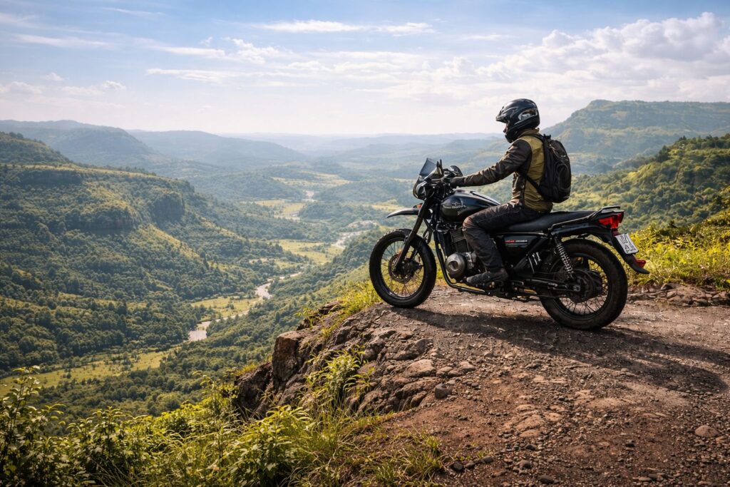 Lonavala bike ride from Mumbai showing scenic mountain roads and green valleys