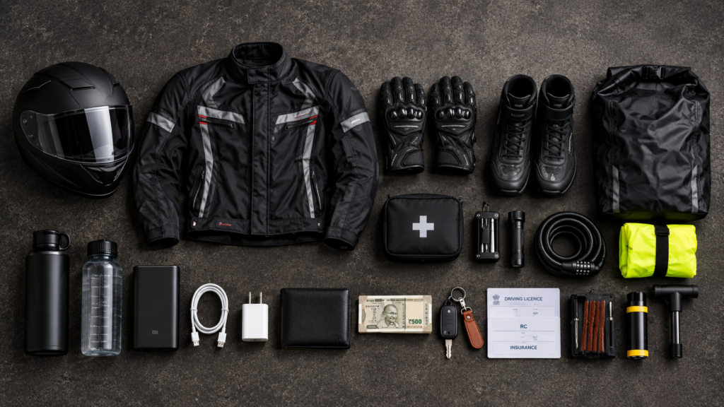 Motorcycle riding gear and essential travel kit for riders