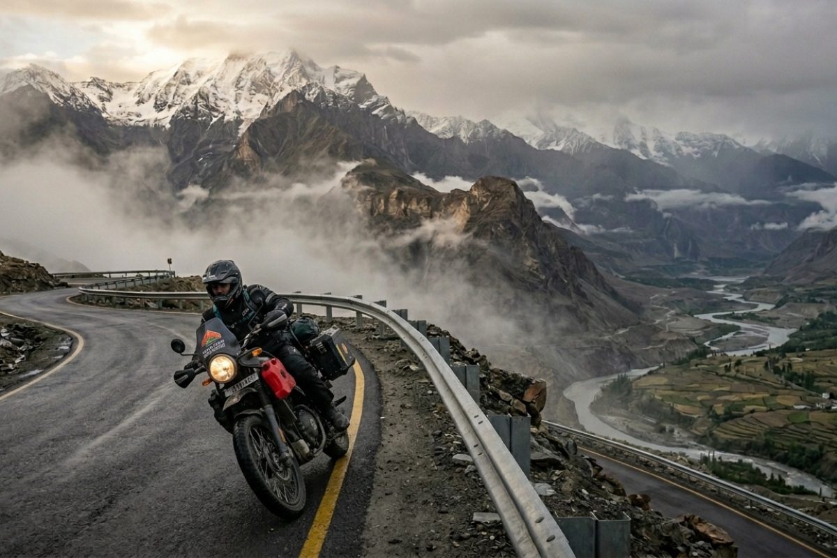 motorcycle rider riding on a mountain road in Himalayas with scenic valley view