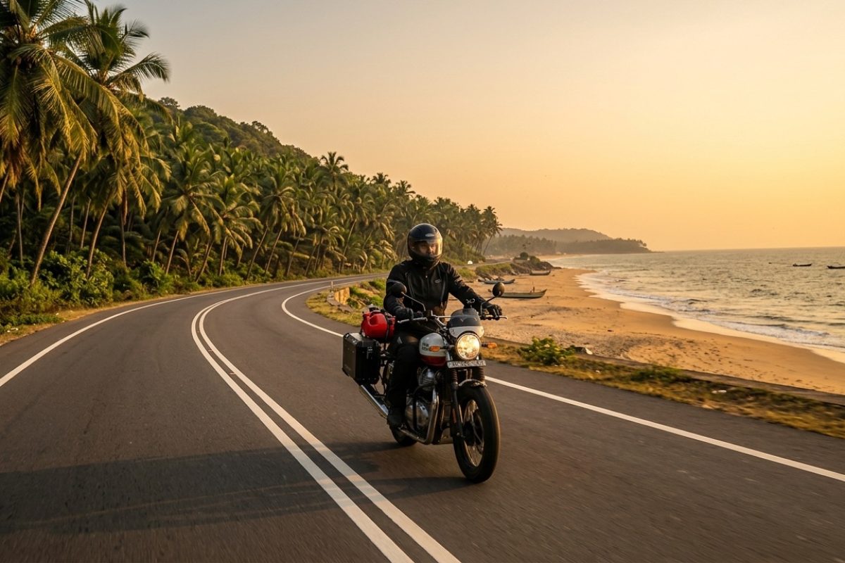 motorcycle rider riding along a coastal highway with sea view and palm trees
