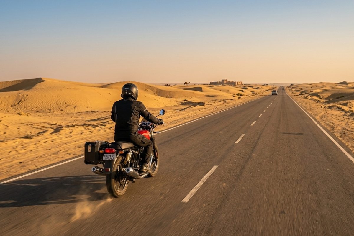 motorcycle rider riding on highway through desert with sand dunes in Rajasthan