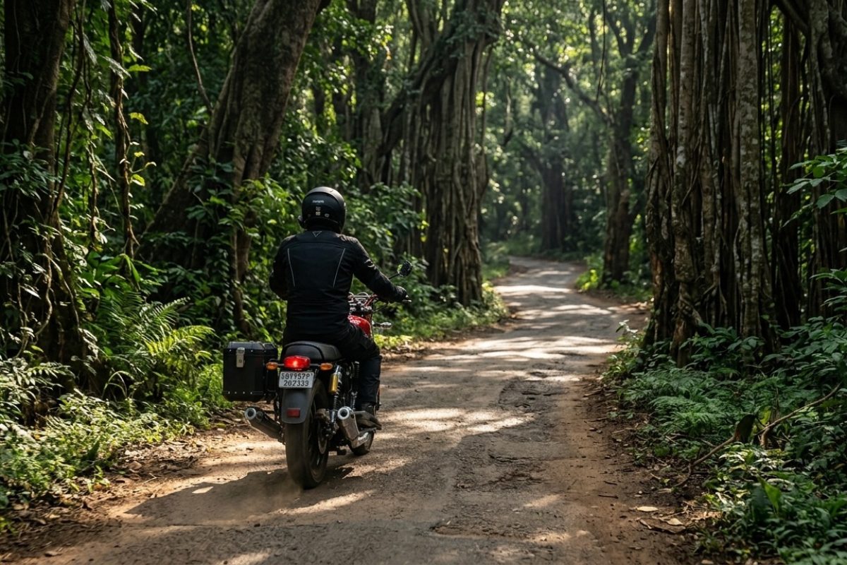 motorcycle rider riding through forest trail surrounded by dense green jungle